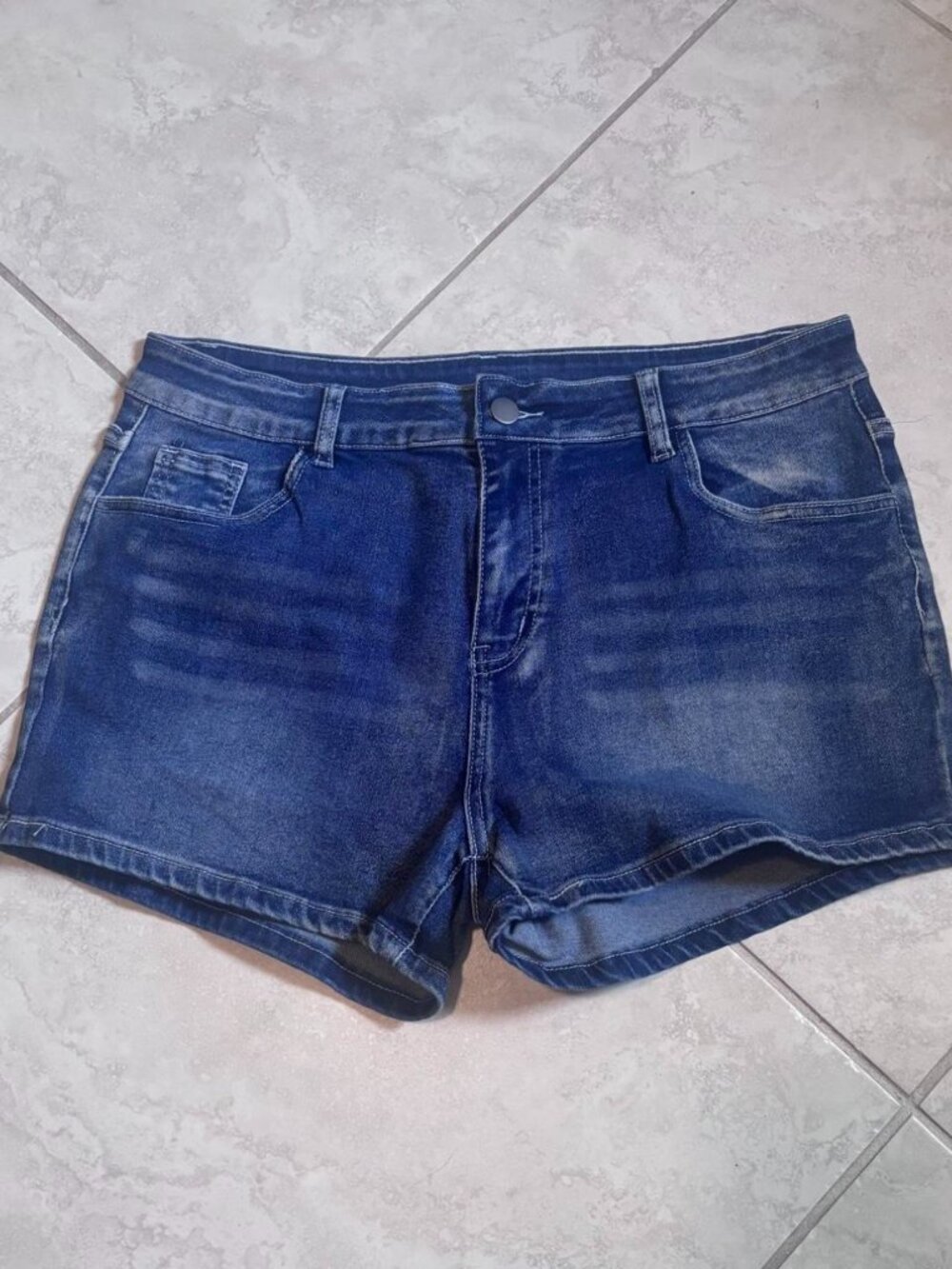 Dark Wash Faded Stretch Denim Mid Rise Jean Shorts